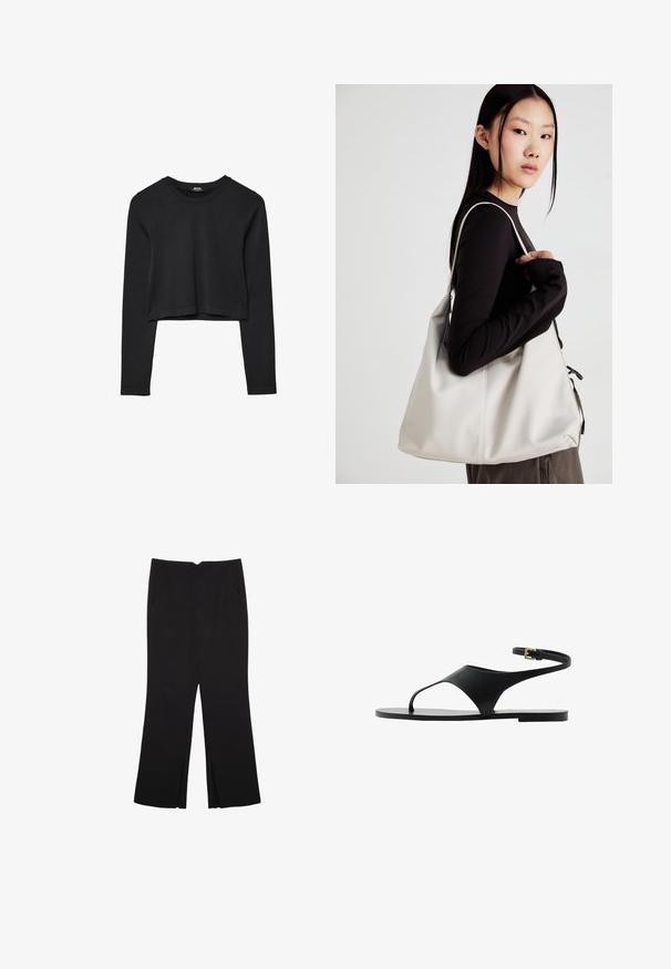 Črna dolgi rokavi prerezana majica s krožnim izrezom, enostaven dizajn in rahlo ukrivljen rob.; Črne hlače ravnega kroja z naglavnimi žepi in stranskimi razporki na robu. Narejene iz mehke, gladke tkanine. Primerne za različne priložnosti.; Črne ravne sandale z minimalnim dizajnom, ki vključujejo eno zaponko in zaponko okoli gležnja. Narejene so iz gladkega materiala in imajo ravno podplat.; Bežna torbica iz mehkega materiala, z ohlapno zasnovo, šivi in dvema naramnicama. Primerna za vsakodnevno uporabo.