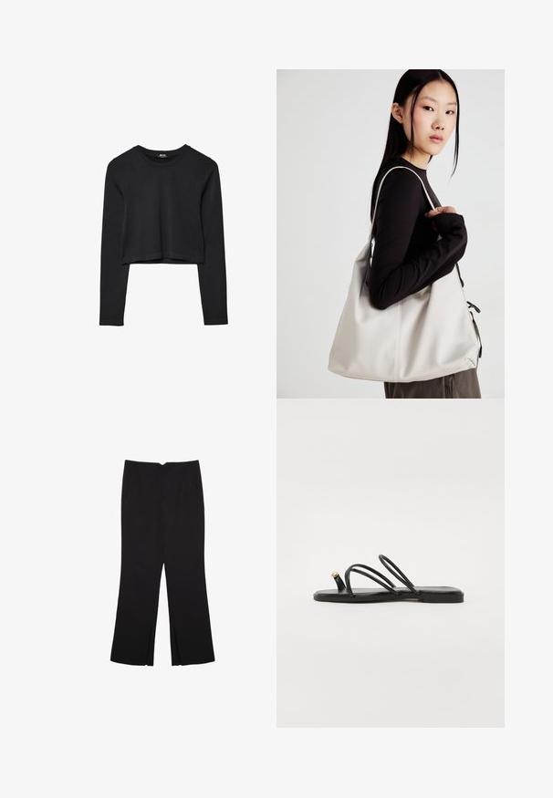 Top cropped nero a maniche lunghe con scollatura tonda, design semplice e orlo leggermente curvo.; Pantaloni neri a gamba dritta, con tasche frontali e spacchi laterali all'orlo. Realizzati in tessuto morbido e liscio. Adatti a diverse occasioni.; Call it Spring LUNAROSE - Infradito - black; Borsa a mano beige realizzata in materiale morbido, caratterizzata da un design morbido, dettagli cuciti e due manici. Adatta per l'uso quotidiano.