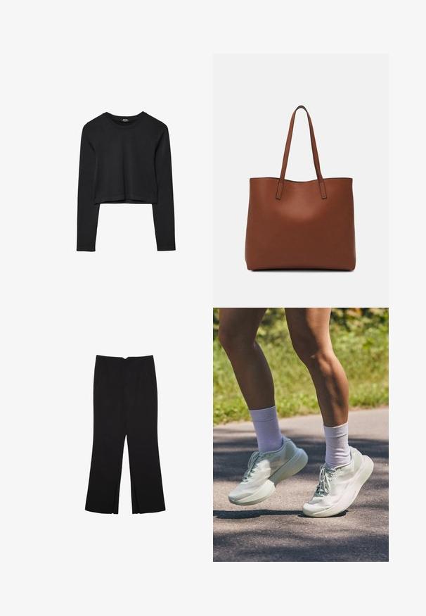 Mustat pitkät hihat lyhyt toppi, jossa on pyöreä kaula-aukko, yksinkertainen muotoilu ja hieman kaareva helma.; Mustat housut suoralinjaisella leikkauksella, joissa on etutaskut ja sivurei'ät helman alla. Valmistettu pehmeästä ja sileästä kankaasta. Sopii eri tilaisuuksiin.; Valaise minttivihreät urheilukengät, joissa on sileä pinta, pyöreä kärki ja paksu pohja. Yhdistettynä valkoisiin nilkkasukkaihin, esitetty liikkeessä polulla.; Ruskea nahkainen olkalaukku, jossa on sileä pinta, avoin yläosa ja kaksi olkahihnaa. Omaavat vain minimaalisen ompelun eikä näkyvää metalliosaa.