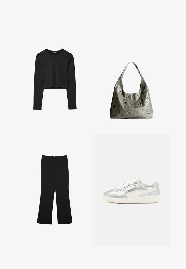 Schwarzes, langärmliges, kurz geschnittenes Oberteil mit Rundhalsausschnitt, schlichter Gestaltung und leicht abgerundetem Saum.; Schwarze Hose mit geradem Schnitt, ausgestattet mit Fronttaschen und Seitenschlitzen am Saum. Hergestellt aus weichem, glattem Stoff. Geeignet für verschiedene Anlässe.; Silberne metallic Sneaker mit weißen Akzenten, glattem Synthetik-Obermaterial, Schnürverschluss und strukturiertem Gummisohle. PUMA-Logo an der Seite.; Olivgrünes Lederhandtäschchen mit einem lässigen Design, das verschiedene runde Ausschnitte in unterschiedlichen Größen und Akzente in dunkleren und helleren Farbtönen aufweist.