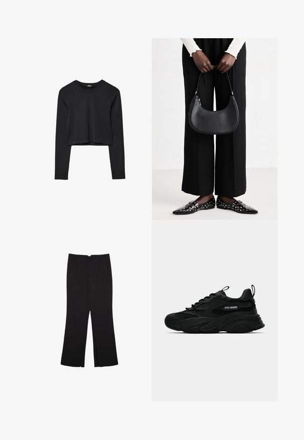 Schwarzes, langärmliges, kurz geschnittenes Oberteil mit Rundhalsausschnitt, schlichter Gestaltung und leicht abgerundetem Saum.; Schwarze Hose mit geradem Schnitt, ausgestattet mit Fronttaschen und Seitenschlitzen am Saum. Hergestellt aus weichem, glattem Stoff. Geeignet für verschiedene Anlässe.; Schwarzer Steve Madden Chunky Sneaker mit Mesh-Einsätzen, dicker Sohle, Zuglaschen an Zunge und Ferse sowie seitlicher Logo-Beschriftung, seitlich dargestellt.; Schwarze Leder-Schultertasche mit runder Form, glänzender Oberfläche und silbernem Beschlag. Person trägt schwarze weit geschnittene Hosen und Nieten-Loafers.
