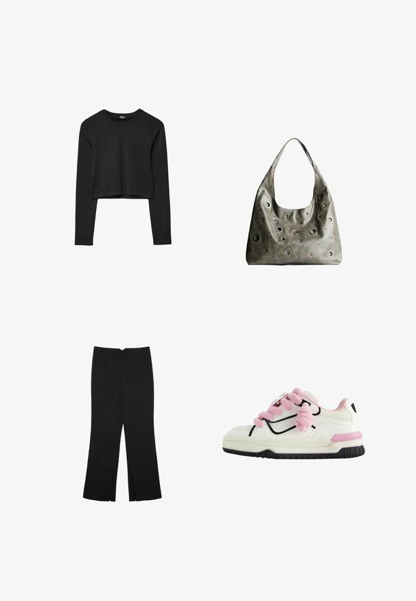 Mustat pitkät hihat lyhyt toppi, jossa on pyöreä kaula-aukko, yksinkertainen muotoilu ja hieman kaareva helma.; Mustat housut suoralinjaisella leikkauksella, joissa on etutaskut ja sivurei'ät helman alla. Valmistettu pehmeästä ja sileästä kankaasta. Sopii eri tilaisuuksiin.; Valkoinen urheilukenkä, jossa on vaaleanpunaiset pörröiset nauhat, musta ääriviiva, rei'itetty verkko-osio ja paksu kumipohja, jossa on vaaleanpunainen yksityiskohta.; Oliivinvihreä nahkalaukku, jossa on rento muotoilu, ja jossa on erilaisia kokoisia pyöreitä läpivientejä sekä tummempia ja vaaleampia yksityiskohtia.