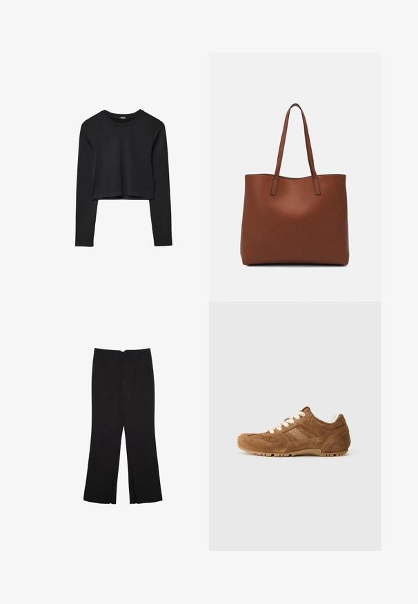 Črna dolgi rokavi prerezana majica s krožnim izrezom, enostaven dizajn in rahlo ukrivljen rob.; Črne hlače ravnega kroja z naglavnimi žepi in stranskimi razporki na robu. Narejene iz mehke, gladke tkanine. Primerne za različne priložnosti.; Zamshevni rjavi športni copati s kremastimi vezalkami, teksturiranimi stranskimi paneli in gumo podplata z linearami. Oblika zaokroženega prsta in oblazinjeni ovratnik.; Rjava usnjena torba z gladko teksturo, odprto zasnovo zgoraj in dvema naramnima trakovoma. Opremljena je z minimalnim šivanjem in brez vidnih kovinskih delov.