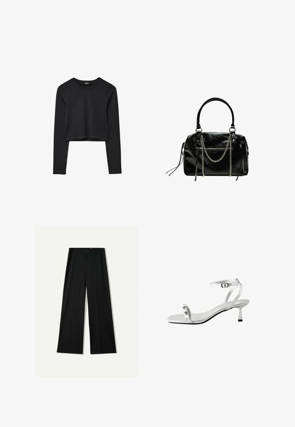 Black long-sleeve cropped top with round neckline, plain design, and a slightly curved hem.; Bershka WIDE - Trousers - black; Silver heeled sandal with a square toe, thin ankle strap, and a small block heel. Smooth metallic surface and minimalistic design.; Bershka WITH CHAIN - Handbag - black