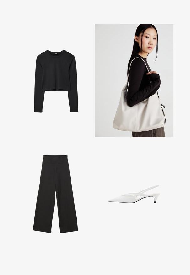 Schwarzes, langärmliges, kurz geschnittenes Oberteil mit Rundhalsausschnitt, schlichter Gestaltung und leicht abgerundetem Saum.; Schwarze weit geschnittene Hosen mit einem hohen elastischen Bund, weichem Stoff und lockerer Passform, geeignet für legere Anlässe oder entspannte Umgebungen.; Weißer Slingback-Absatzschuh mit spitzer Zehenpartie, featuring ein glattes Obermaterial, subtile Ausschnitte und einen niedrigen Blockabsatz. Die schwarze Sohle betont das Design.; Beige Handtasche aus weichem Material, mit einem lässigen Design, gesteppten Details und zwei Schulterriemen. Geeignet für den täglichen Gebrauch.