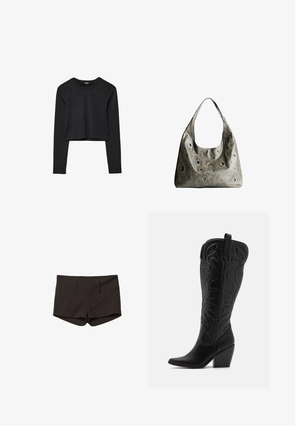 Czarny krótki top z długim rękawem, okrągłym dekoltem, gładkim wzorem i lekko zaokrąglonym dołem.; Czarne bawełniane szorty o dopasowanym kroju, z gładką teksturą i dwiema przednimi kieszeniami. Średnio wysoki stan i brak widocznych wzorów.; Czarne skórzane kowbojki z wysoką cholewką, dekorowane krzywymi przeszyciami, mające spiczastą czubek i masywny obcas.; Oliwkowa skórzana torebka o luźnym fasonie, z różnej wielkości okrągłymi wycięciami i akcentami w ciemniejszych i jaśniejszych odcieniach.