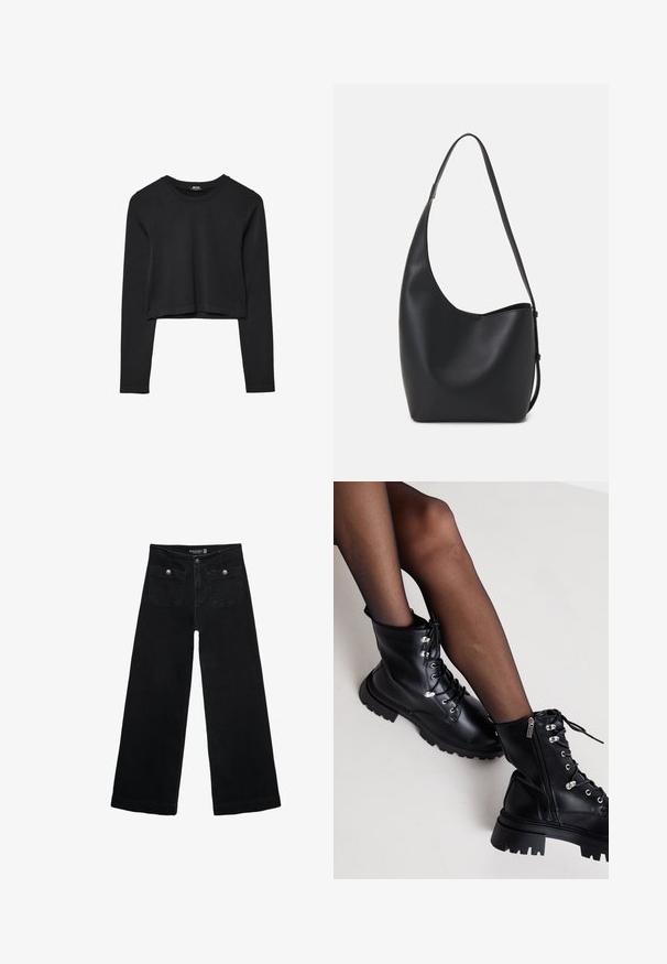 Černý dlouhý rukáv cropped top s kulatým výstřihem, jednoduchý design a mírně zaoblený lem.; Černé široké džíny s vysokým pasem, obsahující dvě přední kapsy a kovové knoflíkové detaily. Látka má hladkou texturu.; Even&Odd Wide Fit Šněrovací kotníkové boty - black; Černá kožená hobo taška s hladkým povrchem, zakřiveným tvarem a jedním nastavitelným popruhem; má široké otevírání nahoře.