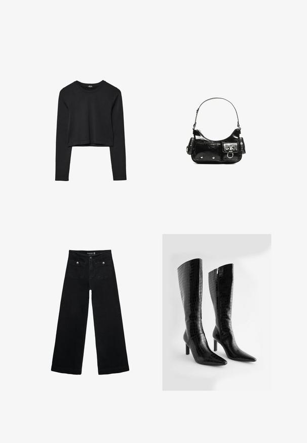 Mustat pitkät hihat lyhyt toppi, jossa on pyöreä kaula-aukko, yksinkertainen muotoilu ja hieman kaareva helma.; Mustat leveälahkeiset farkut korkean vyötärön kanssa, joissa on kaksi etutaskua ja metalliset nappikoristeet. Kangas on sileä.; Polvisuojat mustasta tekonahasta, joissa on krokotiilikuosi, terävät varpaat ja kapea korkea kantapää; sivuvetoketjukiinnitys.; Mustekko mustasta kiiltonahasta valmistettu käsilaukku, jossa on kaareva muoto, yksi olkahihna, etutaskut ja hopeanväriset yksityiskohdat.