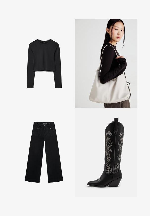 Czarny krótki top z długim rękawem, okrągłym dekoltem, gładkim wzorem i lekko zaokrąglonym dołem.; Czarne, szerokie dżinsy z wysokim stanem, z dwoma przednimi kieszeniami i metalowymi guzikami. Tkanina ma gładką fakturę.; Czarne skórzane kowbojskie buty z wydłużonymi noskami, obcasem typu koturn oraz srebrnymi haftowanymi wzorami kwiatowymi wzdłuż cholewy. Kontrastowe szwy na całej długości.; Beżowa torebka wykonana z miękkiego materiału, charakteryzująca się luźnym fasonem, wyszywanymi detalami i dwoma uchwytami na ramię. Idealna na co dzień.