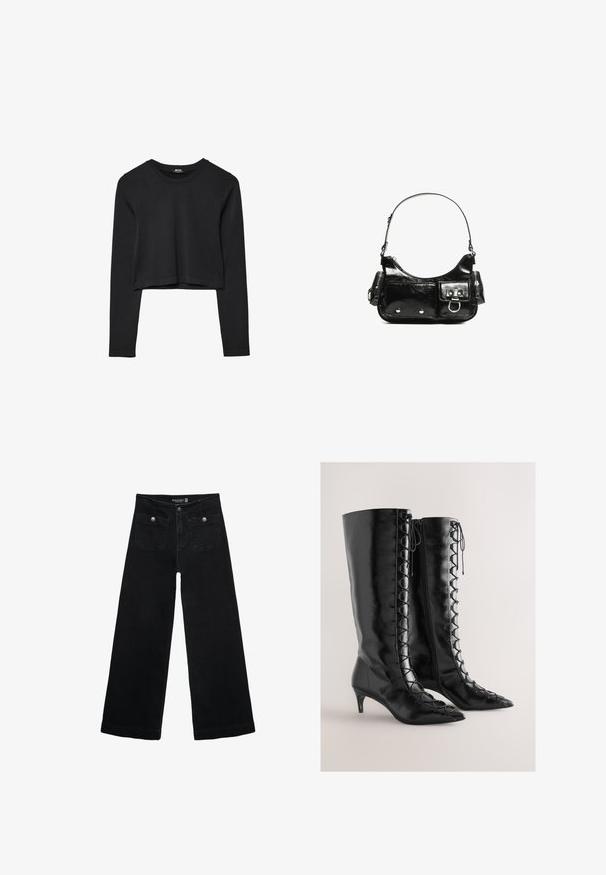 Haut court à manches longues noir avec encolure ronde, design uni et ourlet légèrement arrondi.; Jean's larges noires avec taille haute, dotés de deux poches avant et d'accents en métal sur les boutons. Le tissu a une texture lisse.; Bottes hautes jusqu'au genou en cuir noir avec bouts pointus, dotées d'un détail lacé sur le côté et d'un petit talon kitten.; Sac à main en cuir verni noir avec une forme incurvée, une bandoulière, des poches avant et des accents en métal argenté.