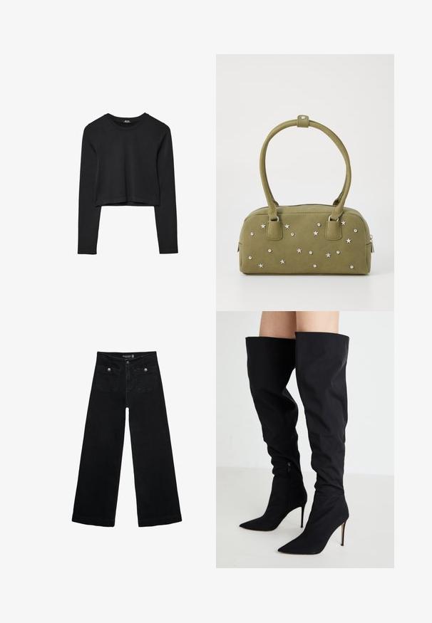 Čierny dlhý rukáv skrátený top s okrúhlym výstrihom, jednofarebný dizajn a mierne zakrivený lem.; Čierne široké nohavice s vysokým pásom, s dvoma prednými vreckami a kovovými detailmi na gombíku. Tkanina má hladkú textúru.; Čierne nadkolenné čižmy vyrobené z hladkého materiálu, s špicatou špičkou a vysokým ihlovým podpätkom, so zipsom na boku.; Kabelka z imitácie semišu v olivovo zelenej farbe so striebornými hviezdami a ozdobnými cvokmi. Má dva krátke popruhy a zips na vrchu.