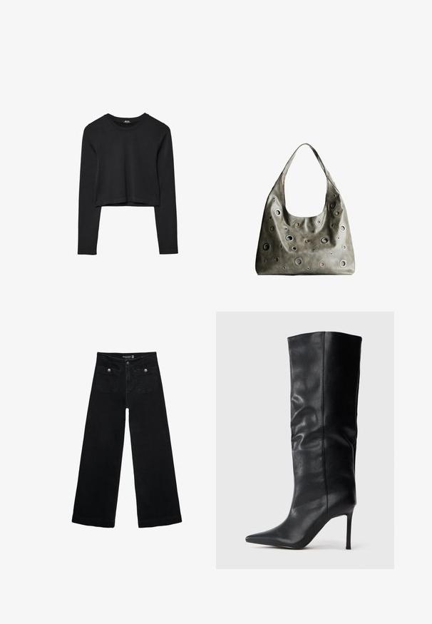 Czarny krótki top z długim rękawem, okrągłym dekoltem, gładkim wzorem i lekko zaokrąglonym dołem.; Czarne, szerokie dżinsy z wysokim stanem, z dwoma przednimi kieszeniami i metalowymi guzikami. Tkanina ma gładką fakturę.; Czarny skórzany but do kolan z ostrym noskiem i cienkim wysokim obcasem na jednolitym białym tle.; Oliwkowa skórzana torebka o luźnym fasonie, z różnej wielkości okrągłymi wycięciami i akcentami w ciemniejszych i jaśniejszych odcieniach.
