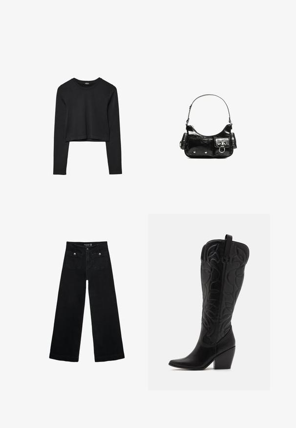Top cropped nero a maniche lunghe con scollatura tonda, design semplice e orlo leggermente curvo.; Jeans neri a gamba larga con vita alta, dotati di due tasche frontali e dettagli in metallo sui bottoni. Il tessuto ha una texture liscia.; Stivali da cowboy in pelle nera con un albero alto, motivi di cucitura curvi, punta aguzza e tacco robusto.; Borsa a spalla in vernice nera con forma curvata, una tracolla, tasche frontali e dettagli in metallo argentato.