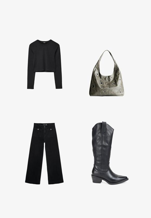Schwarzes, langärmliges, kurz geschnittenes Oberteil mit Rundhalsausschnitt, schlichter Gestaltung und leicht abgerundetem Saum.; Schwarze, weit geschnittene Jeans mit hoher Taille, die zwei Fronttaschen und metallene Knopfakzente aufweist. Der Stoff hat eine glatte Textur.; Schwarze Leder-Cowboy-Stiefel mit spitzem Zehenbereich, geprägten Details und einem mittelgroßen Absatz. Verfügt über eine Zuglasche für einfaches An- und Ausziehen.; Olivgrünes Lederhandtäschchen mit einem lässigen Design, das verschiedene runde Ausschnitte in unterschiedlichen Größen und Akzente in dunkleren und helleren Farbtönen aufweist.