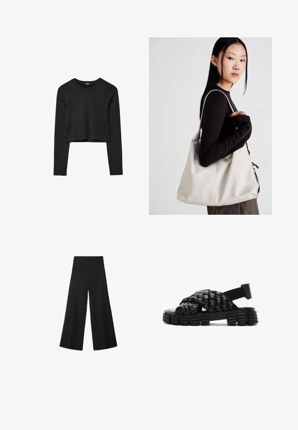 Top cropped nero a maniche lunghe con scollatura tonda, design semplice e orlo leggermente curvo.; Pantaloni a gamba larga neri realizzati in un tessuto liscio, con vita alta e pieghe frontali per maggiore volume. Senza chiusure o tasche visibili.; Derimod Sandali da trekking - black; Borsa a mano beige realizzata in materiale morbido, caratterizzata da un design morbido, dettagli cuciti e due manici. Adatta per l'uso quotidiano.