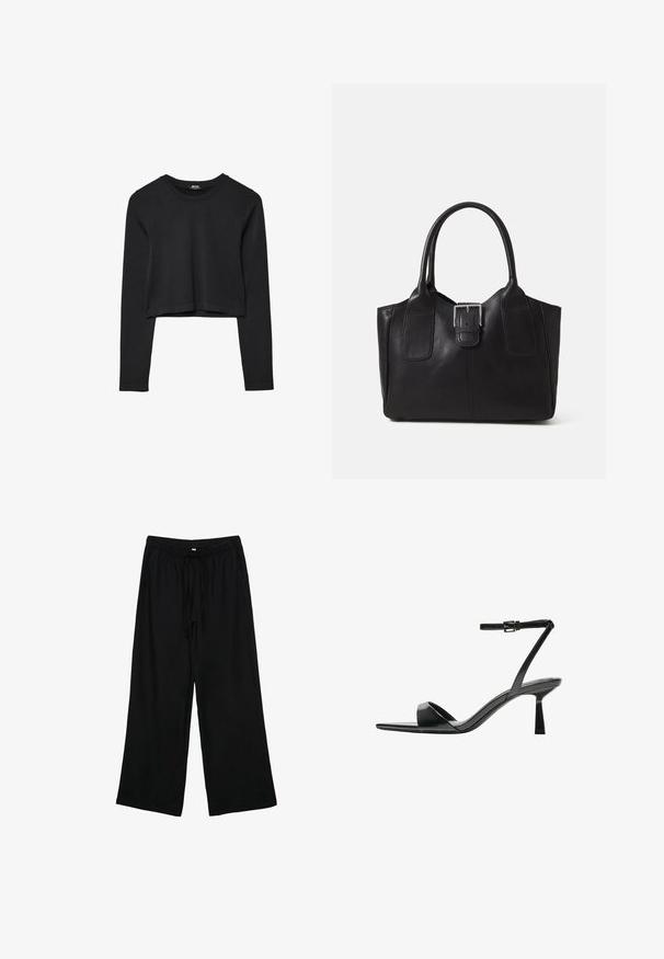 Schwarzes, langärmliges, kurz geschnittenes Oberteil mit Rundhalsausschnitt, schlichter Gestaltung und leicht abgerundetem Saum.; Schwarze, leichte weitgeschnittene Hosen mit elastischem Bund und Kordelzug. Glatte Textur, keine sichtbaren Muster oder Beschläge.; Bershka High Heel Sandalette - black; Schwarze Leder-Tote mit glatter Textur, strukturiertem Design, zwei Griffen und einem auffälligen silbernen Schnallen-Detail auf der Vorderseite.