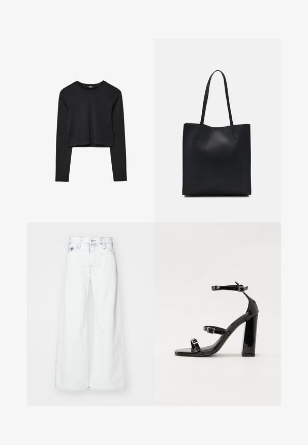 Schwarzes, langärmliges, kurz geschnittenes Oberteil mit Rundhalsausschnitt, schlichter Gestaltung und leicht abgerundetem Saum.; Weite weiße Denim-Jeans mit hoher Taille, ausgestattet mit einem vorderen Knopfverschluss und klassischem Fünf-Taschen-Design. Glatte Textur mit minimaler Ausbleichung.; Schwarze patentierte Sandalen mit Absatz, quadratischer Spitze, Knöchelriemen und silbernen Schnallen. Mit einem stabilen Blockabsatz für mehr Stabilität.; Schwarze Laptoptasche aus Leder mit glatter Textur, rechteckiger Form und zwei langen Griffen. Keine sichtbaren Beschläge oder Verzierungen.
