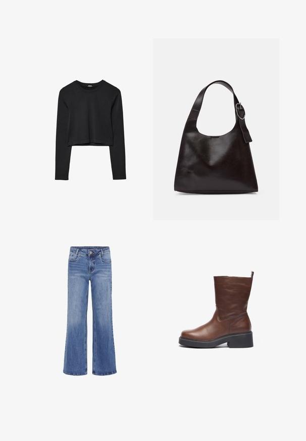 Črna dolgi rokavi prerezana majica s krožnim izrezom, enostaven dizajn in rahlo ukrivljen rob.; My Essential Wardrobe LOUIS HIGH WIDE - Ravne kavbojke - medium blue wash; Rjava usnjena gležnjarja s zaobljenim prstom, masivnim črnim platformnim podplatom in kratkim zgornjim delom. Ima zanko za lažje obuvanje.; Rjava usnjena torba za ramo z gladko teksturo, okroglo obliko, širokim trakom in krožno kovinsko akcenco na ročaju.