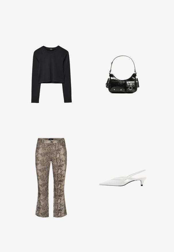 Sort langærmet cropped top med rund halsudskæring, ensfarvet design og let buet kant.; Slangeskindsprintede, flagrende jeans i afdæmpede beige og brune nuancer. Denim materiale med en struktureret overflade. Standard fem-lomme design og front lynlås.; Hvide slingback hæle med spids tå, der har en glat overdel, subtile udskæringer og en lav blokhæl. Den sorte sål fremhæver designet.; Sort patenteret læder håndtaske med en buet form, en skulderrem, frontlommer og hardware accenter i sølvfarve.