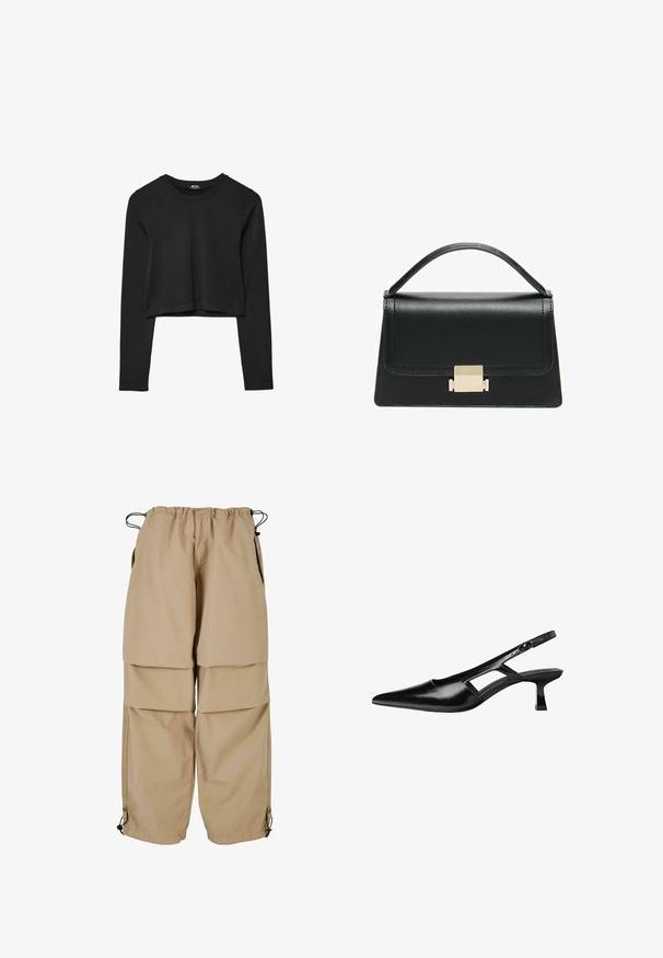 Černý dlouhý rukáv cropped top s kulatým výstřihem, jednoduchý design a mírně zaoblený lem.; Béžové cargo kalhoty s elastickým pasem, vrstveným designem a bočními kapsami. Mají nastavitelné manžety se stahovacími šňůrkami pro přizpůsobivý fit.; Černé lakované lodičky na podpatku se špičatou špičkou, výřezovým designem na boku a malým čtvercovým podpatkem. Hladká textura s minimálními akcenty.; Černá kožená kabelka se strukturovaným designem, horním uchopením a zlatým kovovým zapínáním na přední straně. Hladký povrch, minimální švy.