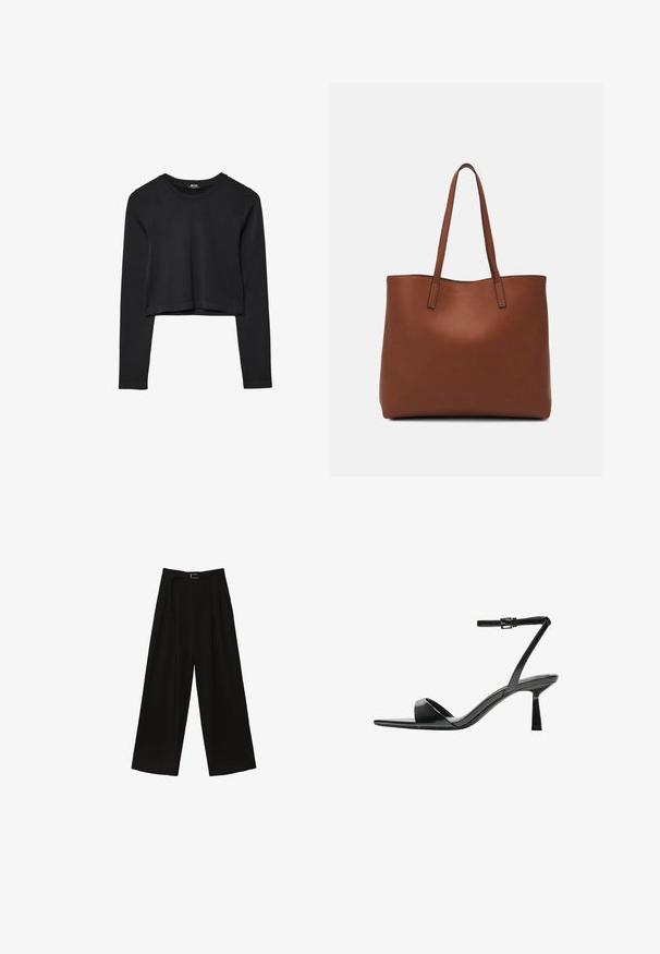 Černý dlouhý rukáv cropped top s kulatým výstřihem, jednoduchý design a mírně zaoblený lem.; Černé široké kalhoty s vysokým pasem, s páskem v pase a sklady pro texturu. Vyrobeno z hladké, lehké tkaniny.; Bershka Sandály na vysokém podpatku - black; Hnědá kožená taška přes rameno s hladkou texturou, otevřeným designem a dvěma ramenními popruhy. Obsahuje minimální švy a žádné viditelné kovové prvky.