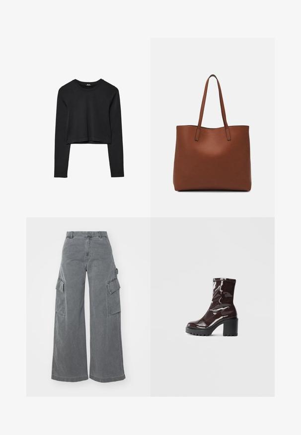 Top cropped nero a maniche lunghe con scollatura tonda, design semplice e orlo leggermente curvo.; Pantaloni cargo grigi a gamba larga in cotone, con due tasche cargo laterali e vita alta, dotati di una finitura liscia e leggermente testurizzata.; Stivale alla caviglia bordeaux lucido con un tacco spesso nero, caratterizzato da una superficie liscia e un design semplice. Nessuna chiusura visibile o motivo.; Borsa tote in pelle marrone con texture liscia, design con apertura superiore e due spallacci. Presenta cuciture minime e nessun hardware visibile.