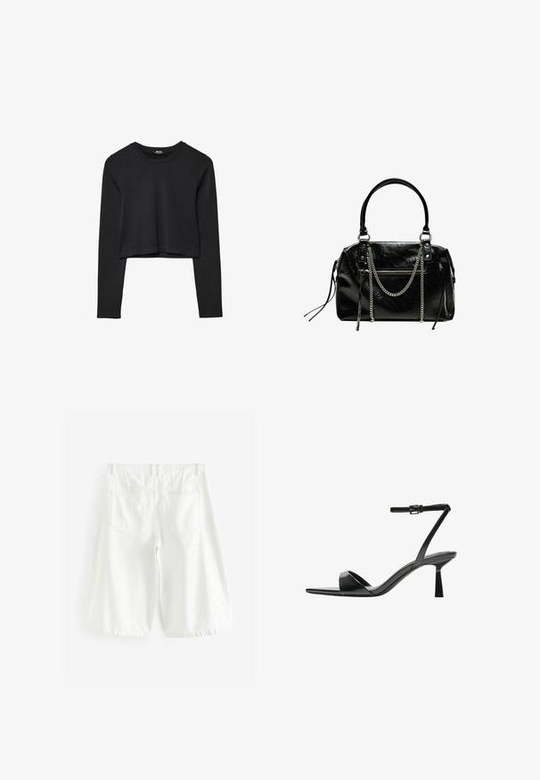 Czarny krótki top z długim rękawem, okrągłym dekoltem, gładkim wzorem i lekko zaokrąglonym dołem.; Białe szorty dżinsowe z bawełny o prostym kroju, z dwiema tylnymi kieszeniami, szlufkami na pasek i dołem sięgającym tuż nad kolano.; Bershka - Sandały na obcasie; Bershka - Torebka