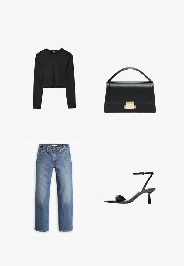 Haut court à manches longues noir avec encolure ronde, design uni et ourlet légèrement arrondi.; Jeans en denim bleu clair, coupe droite, taille mi-haute, cinq poches, coutures ton sur ton et fermeture à bouton.; Bershka Sandales à talons hauts - black; Sac à main en cuir noir au design structuré, avec une poignée supérieure et un détail de fermoir en métal doré à l'avant. Texture lisse, couture minimale.