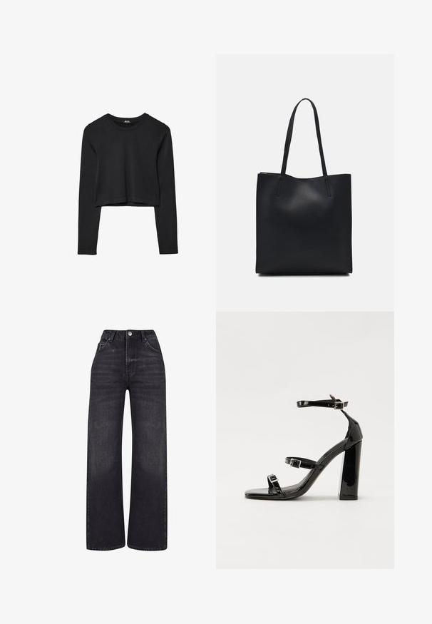 Schwarzes, langärmliges, kurz geschnittenes Oberteil mit Rundhalsausschnitt, schlichter Gestaltung und leicht abgerundetem Saum.; 2Y Studios NAYA BASIC LIGHT - Wide Leg - washed black; Schwarze patentierte Sandalen mit Absatz, quadratischer Spitze, Knöchelriemen und silbernen Schnallen. Mit einem stabilen Blockabsatz für mehr Stabilität.; Schwarze Laptoptasche aus Leder mit glatter Textur, rechteckiger Form und zwei langen Griffen. Keine sichtbaren Beschläge oder Verzierungen.