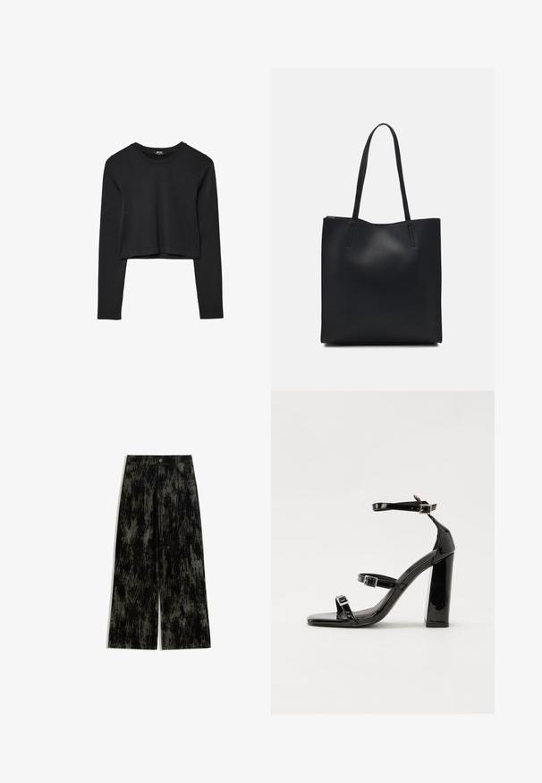 Svart långärmad croppad topp med rund halsringning, enkel design och en något rundad nederkant.; Vidbenade byxor i svart och mörkgrått med en strukturerad, marmorerad mönstring, framfickor, knappstängning och bältesöljer.; Svarta lackerade klacksandaler med fyrkantig tå, ankelremmar och silverfärgade spännen. Har en kraftig blockklack för stabilitet.; Svart lädertoffelväska med slät textur, rektangulär form och två långa handtag. Ingen synlig hårdvara eller dekorationer.