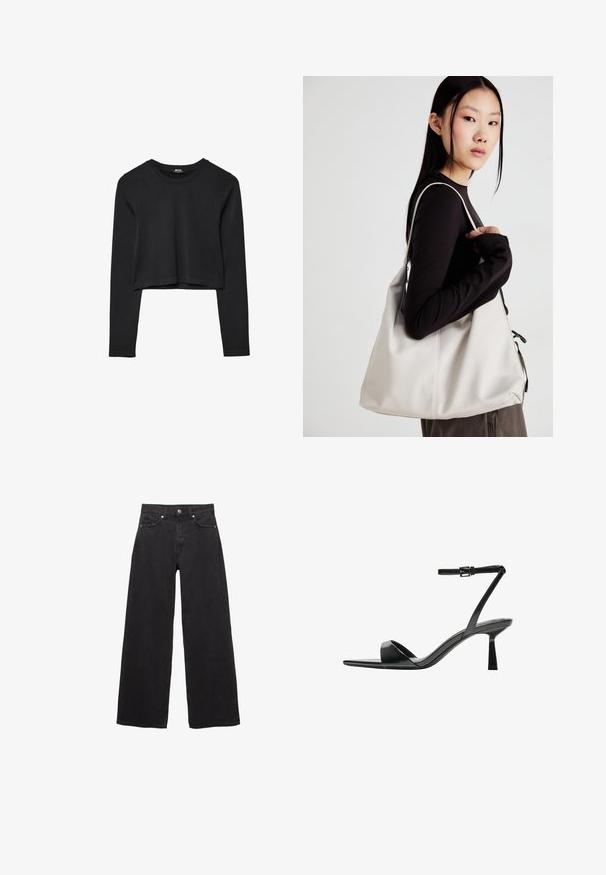 Čierny dlhý rukáv skrátený top s okrúhlym výstrihom, jednofarebný dizajn a mierne zakrivený lem.; Široké čierne džínsy s vysokým pásom, s gombíkovým zapínaním, prednými vreckami a hladkou textúrou.; Bershka Sandále na vysokom opätku - black; Béžová kabelka vyrobená z mäkkého materiálu, s uvoľneným dizajnom, prišitými detailmi a dvoma popruhmi na nosenie na pleciach. Vhodná na každodenné nosenie.