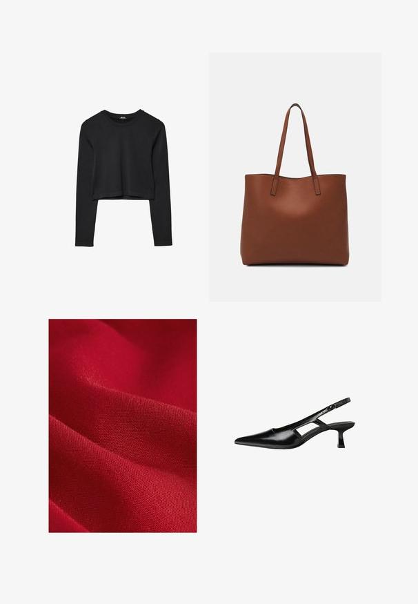 Črna dolgi rokavi prerezana majica s krožnim izrezom, enostaven dizajn in rahlo ukrivljen rob.; Rdeča tkanina z gladko teksturo, ki ima fino tkanje in rahlo sijaj, ter prikazuje nežne gube in konture.; Črne patentični usnjeni salonarji s slingback designom, z zašiljenim nosom, izrezanim stranskim dizajnom in majhnim kvadratnim peto. Gladka tekstura z minimalnimi detajli.; Rjava usnjena torba z gladko teksturo, odprto zasnovo zgoraj in dvema naramnima trakovoma. Opremljena je z minimalnim šivanjem in brez vidnih kovinskih delov.