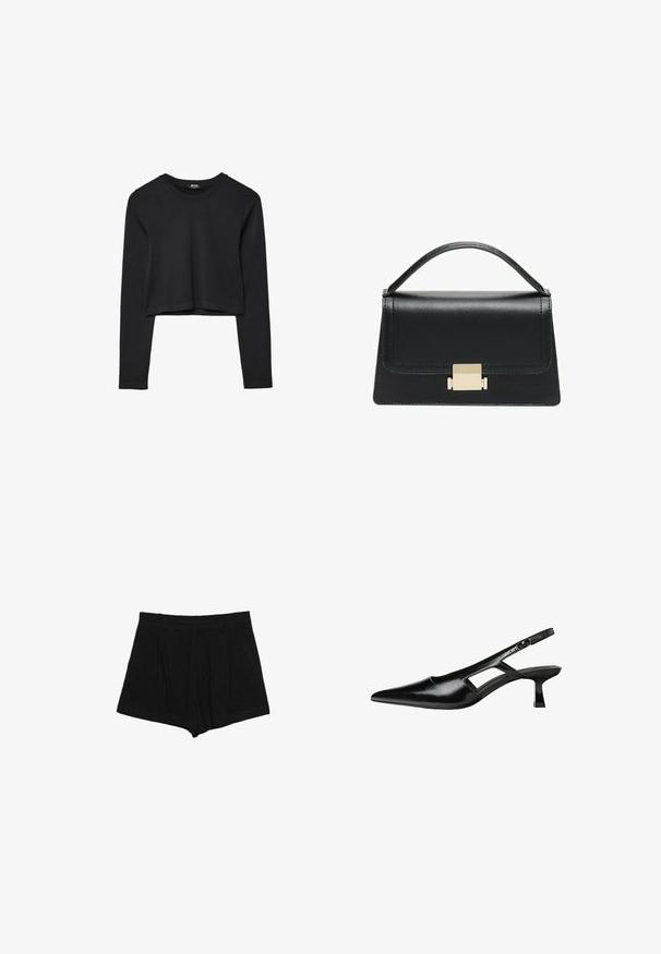 Top cropped nero a maniche lunghe con scollatura tonda, design semplice e orlo leggermente curvo.; Pantaloni neri realizzati in un tessuto testurizzato, con un design plissettato, vita media e una vestibilità dritta senza chiusure visibili.; Tacchi slingback in pelle verniciata nera con punta affusolata, design con tagli laterali e tacco quadrato piccolo. Texture liscia con dettagli minimi.; Borsa a tracolla in pelle nera con design strutturato, manico superiore e dettaglio in metallo dorato sulla parte frontale. Texture liscia, cuciture minime.