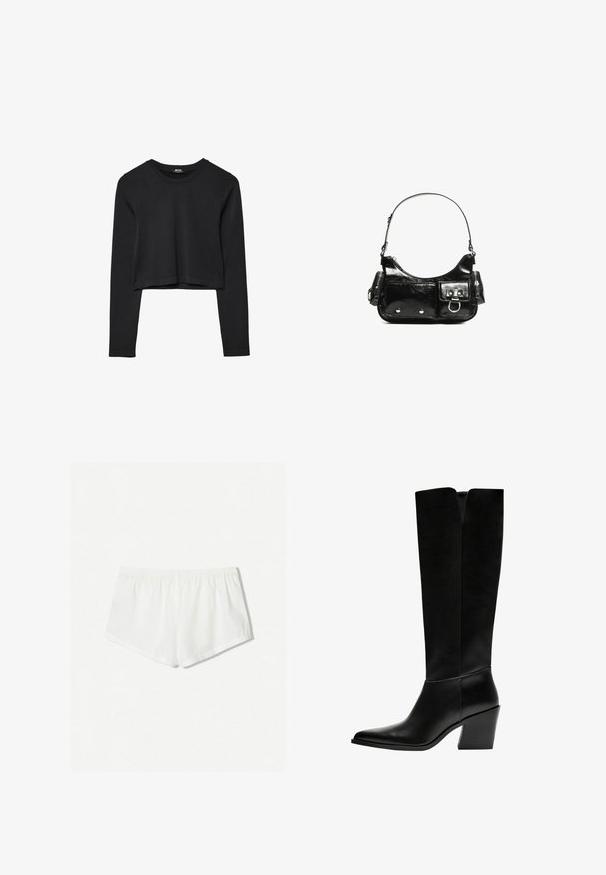 Černý dlouhý rukáv cropped top s kulatým výstřihem, jednoduchý design a mírně zaoblený lem.; Bílé bavlněné šortky s elastickým pasem, s jednoduchým designem a hladkým povrchem. Silueta je uvolněná a krátká.; Černé kozačky po kolena vyrobené z hladké kůže, s špičatou špičkou, blokovým podpatkem a výřezem ve tvaru V na vrchu.; Černá lakovaná kožená kabelka s křivkovým tvarem, jedním ramenním popruhem, předními kapsami a stříbrnými kovovými detaily.
