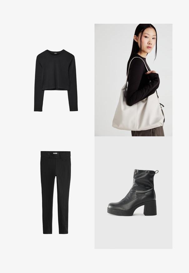 Sort langærmet cropped top med rund halsudskæring, ensfarvet design og let buet kant.; Sorte leggings lavet af strækstof med en tætsiddende design. Har en klassisk talje og forlommer, glat overflade og ingen mønstre.; Sorte ankelstøvler lavet af glat læder, med en sidelukning, kraftig struktureret hæl og rundt tådesign.; Beige håndtaske lavet af blødt materiale med et slouchy design, stikninger og to skulderremme. Velegnet til daglig brug.