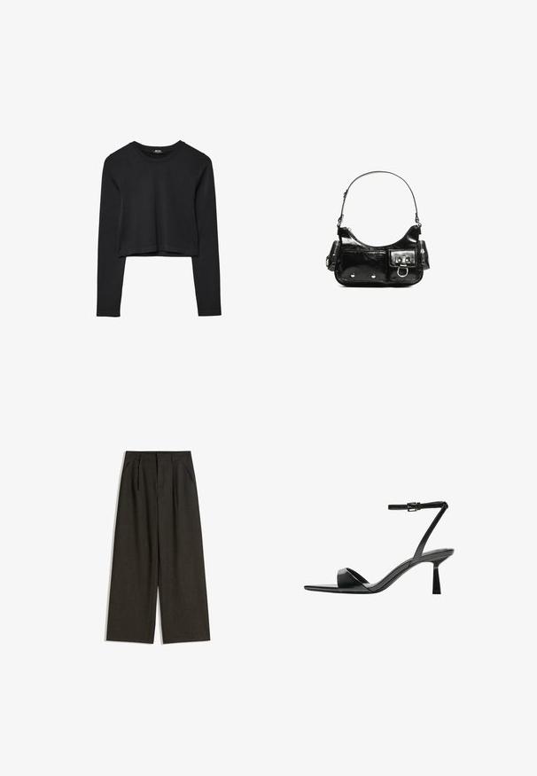 Čierny dlhý rukáv skrátený top s okrúhlym výstrihom, jednofarebný dizajn a mierne zakrivený lem.; Široké nohavice z tmavosivej tkaniny s textúrovaným povrchom, s prednými záhybmi a bočnými vreckami, navrhnuté pre voľný strih.; Bershka Sandále na vysokom opätku - black; Čierna laková kožená kabelka s ohnutým tvarom, jedným ramenným popruhom, prednými vreckami a striebornými kovovými doplnkami.