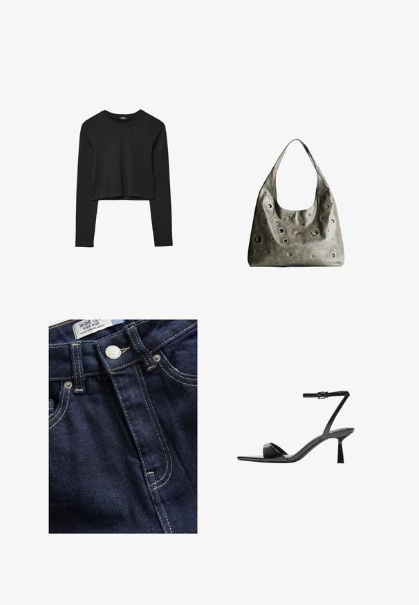 Sort langærmet cropped top med rund halsudskæring, ensfarvet design og let buet kant.; Next WIDE - Wide leg - rinse; Bershka Højhælede sandaletter / Højhælede sandaler - black; Oliven grøn læderhåndtaske med et slouchy design, der har forskellige størrelser af cirkulære udskæringer og accenter i mørkere og lysere nuancer.