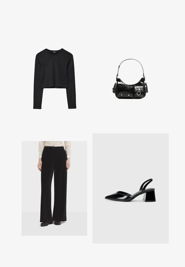 Czarny krótki top z długim rękawem, okrągłym dekoltem, gładkim wzorem i lekko zaokrąglonym dołem.; Czarne spodnie szerokie, wykonane z miękkiego materiału, z przednimi kieszeniami, zapięciem na guzik i gładką teksturą.; Czarne lakierowane półbuty na obcasie z wydłużonym noskiem i geometrycznym słupkiem. Charakteryzują się eleganckim, minimalistycznym designem oraz gładką fakturą.; Czarna torebka z lakierowanej skóry o zaokrąglonym kształcie, z jednym paskiem na ramię, przednimi kieszeniami i akcentami w kolorze srebrnym.