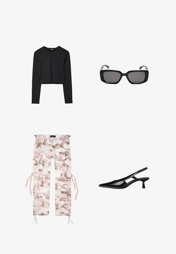 Čierny dlhý rukáv skrátený top s okrúhlym výstrihom, jednofarebný dizajn a mierne zakrivený lem.; Maskovacie cargo nohavice v ružových a béžových odtieňoch, bavlnený materiál, s viacerými vreckami a šnúrkami na sťahovanie na koncoch.; Čierne lakované kožené lodičky na podpätku s špicatou špičkou, výrezovým dizajnom na boku a malým štvorcovým podpätkom. Hladký povrch s minimálnymi akcentmi.; Čierne obdĺžnikové slnečné okuliare s tmavými sklami, hladkým plastovým rámom a zakrivenými stranami. Dizajn je robustný s minimalistickou estetikou.