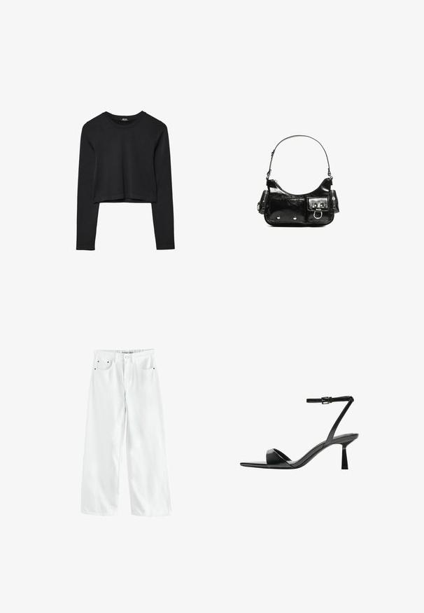 Mustat pitkät hihat lyhyt toppi, jossa on pyöreä kaula-aukko, yksinkertainen muotoilu ja hieman kaareva helma.; Valkoiset, leveälahkeiset farkut korkea vyötärö, kaksi etutaskua ja hienovaraiset kullanväriset yksityiskohdat. Sileä pinta, rento malli.; Bershka Korolliset sandaalit - black; Mustekko mustasta kiiltonahasta valmistettu käsilaukku, jossa on kaareva muoto, yksi olkahihna, etutaskut ja hopeanväriset yksityiskohdat.