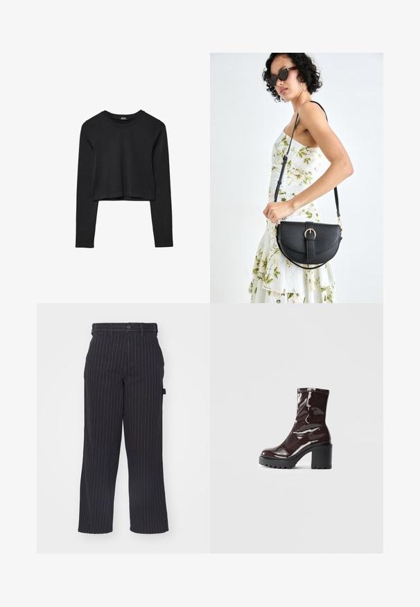 Zwarte lange mouwen cropped top met ronde halslijn, eenvoudige ontwerp en een licht gebogen zoom.; Zwarte gestreepte broek gemaakt van een gestructureerde stof met een rechte snit, met een knoopsluiting en riemlussen.; Glanzende bordeauxrode enkelboot met een chunky zwarte hak, met een gladde textuur en een eenvoudig ontwerp. Geen zichtbare sluitingen of patronen.; Zwarte leren handtas met een gebogen vorm, afneembare schouderband en gouden hardware. De tas heeft een klep met een gespsluiting.