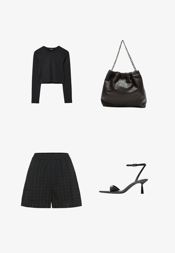 Črna dolgi rokavi prerezana majica s krožnim izrezom, enostaven dizajn in rahlo ukrivljen rob.; Črne kratke hlače iz teksturirane tkanine z mrežastim vzorcem in majhnimi izrezi. Elastičen pas za udobje in fleksibilnost.; Bershka Sandali z visoko peto - black; Rjava usnjena torba z nabranim vrhom in verižnim trakom. Gladka tekstura z sijajno površino in subtilnimi šivi na straneh.