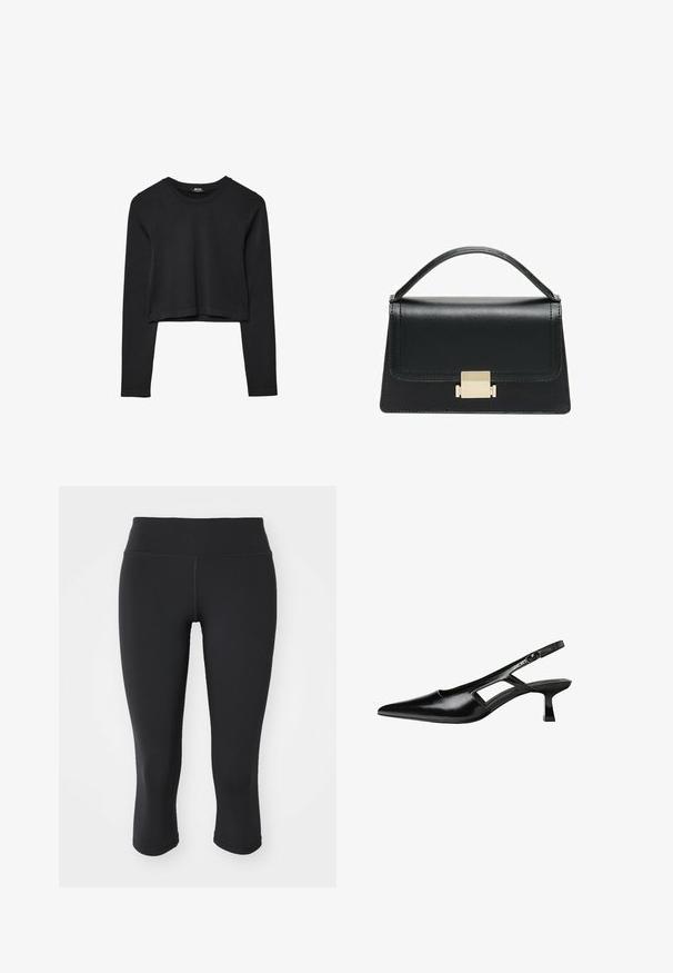 Črna dolgi rokavi prerezana majica s krožnim izrezom, enostaven dizajn in rahlo ukrivljen rob.; Črne legice do kolen, izdelane iz raztegljivega materiala. Imajo širok pas in gladko teksturo z minimalnimi šivi.; Črne patentični usnjeni salonarji s slingback designom, z zašiljenim nosom, izrezanim stranskim dizajnom in majhnim kvadratnim peto. Gladka tekstura z minimalnimi detajli.; Črna usnjena torbica z strukturiranim dizajnom, zgornjim ročajem in zlate kovinske sponke na sprednji strani. Gladka tekstura, minimalno šivanje.