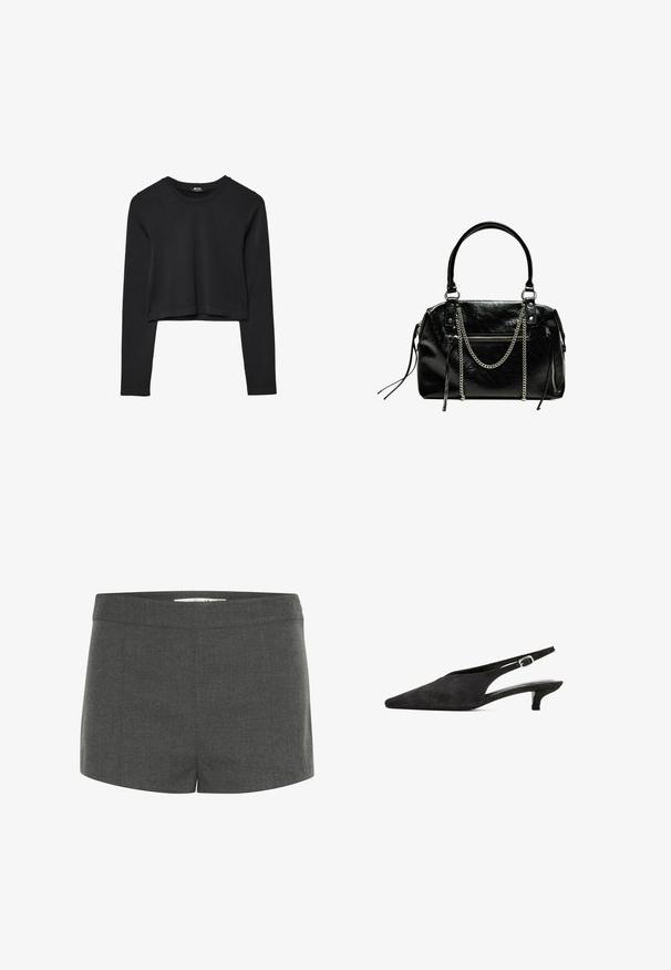 Top cropped nero a maniche lunghe con scollatura tonda, design semplice e orlo leggermente curvo.; Pantaloni corti grigi su misura, realizzati in tessuto strutturato, con vita piatta e taglio dritto, privi di tasche o decorazioni.; Scarpe slingback in suede nero con punta affusolata, tacco modesto e una sottile cinghia alla caviglia con fibbia argentata. Texture liscia in generale.; Bershka WITH CHAIN - Borsa a mano - black