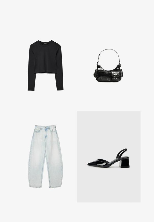 Svart långärmad croppad topp med rund halsringning, enkel design och en något rundad nederkant.; Ljusblå denimjeans med avslappnad passform, hög midja, fem fickor och subtil blekning över hela tyget.; Svarta lackläder slingback klackar med spetsig tå och geometrisk klack. Har en elegant, minimalistisk design och slät yta.; Svart lackläderhandväska med en rundad form, en axelrem, framfickor och detaljer i silverfärg.