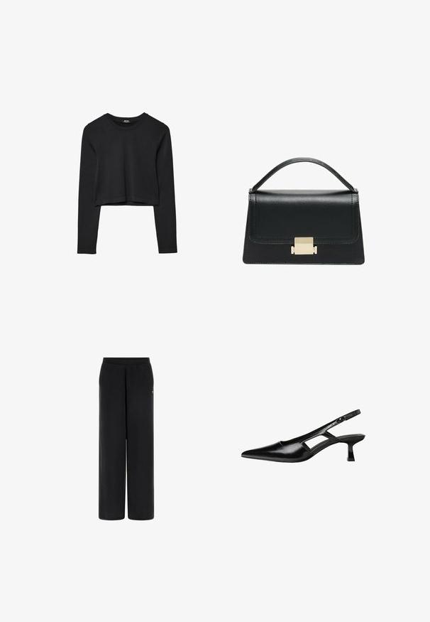Top cropped nero a maniche lunghe con scollatura tonda, design semplice e orlo leggermente curvo.; Pantaloni neri a gamba larga realizzati in tessuto morbido con vita elastica. Presentano un piccolo logo sul lato sinistro. Texture liscia e forma sartoriale.; Tacchi slingback in pelle verniciata nera con punta affusolata, design con tagli laterali e tacco quadrato piccolo. Texture liscia con dettagli minimi.; Borsa a tracolla in pelle nera con design strutturato, manico superiore e dettaglio in metallo dorato sulla parte frontale. Texture liscia, cuciture minime.