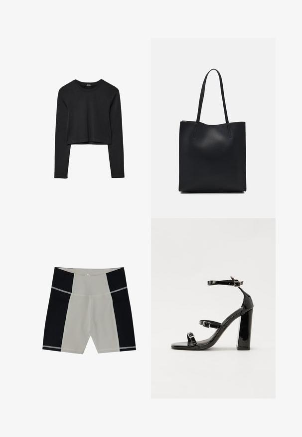 Black long-sleeve cropped top with round neckline, plain design, and a slightly curved hem.; Men's swim shorts with a beige center panel and black side panels. Made from smooth fabric with contrasting stitching. Mid-thigh length.; Black patent heeled sandals with a square toe, ankle straps, and silver buckles. Features a chunky block heel for stability.; Black leather tote bag with smooth texture, rectangular shape, and two long handles. No visible hardware or embellishments.
