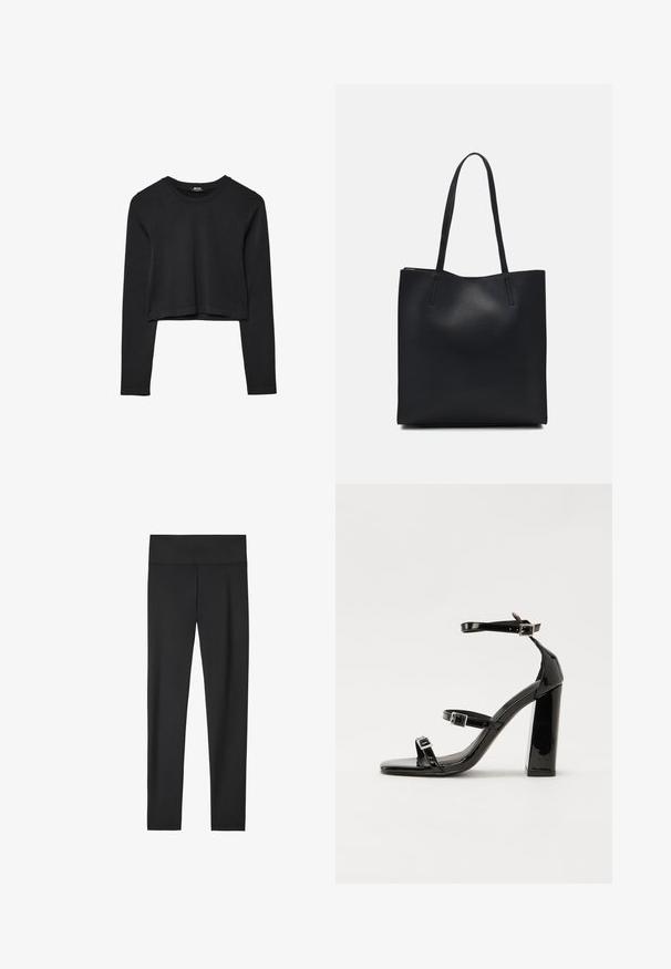 Černý dlouhý rukáv cropped top s kulatým výstřihem, jednoduchý design a mírně zaoblený lem.; Černé legíny vyrobené z elasticního materiálu, s vysokým pasem, hladkým povrchem a přiléhavým střihem. Bez viditelných vzorů nebo akcentů.; Černé lakované sandály na podpatku se čtveratou špičkou, lýtkovými pásky a stříbrnými přezkami. Disponují masivním blokovým podpatkem pro stabilitu.; Černá kožená taška přes rameno s hladkým povrchem, obdélníkovým tvarem a dvěma dlouhými uchy. Žádné viditelné kování ani ozdoby.