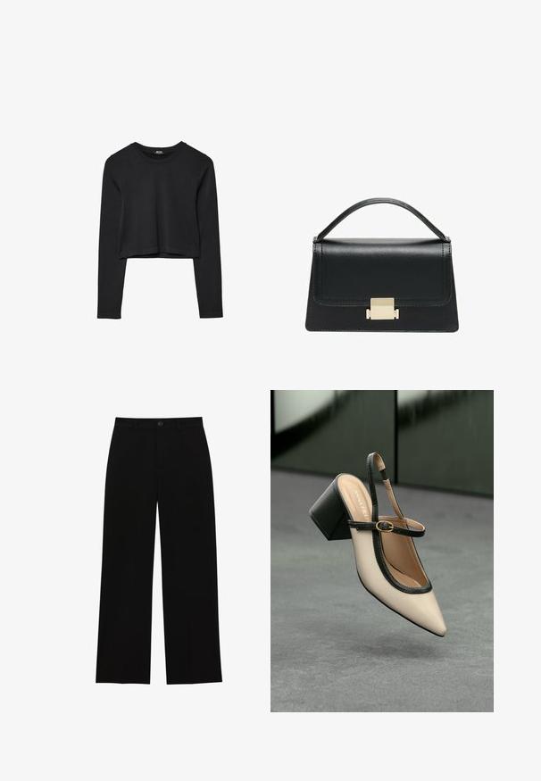 Top cropped nero a maniche lunghe con scollatura tonda, design semplice e orlo leggermente curvo.; Pantaloni neri a vita alta, a gamba larga, realizzati in un tessuto morbido, con davanti piatto, chiusura con bottone e senza tasche visibili.; Scarpa beige con punta a stivale, con rifiniture nere, fibbia dorata e tacco a blocco spesso su un pavimento grigio con sfondo verde scuro.; Borsa a tracolla in pelle nera con design strutturato, manico superiore e dettaglio in metallo dorato sulla parte frontale. Texture liscia, cuciture minime.