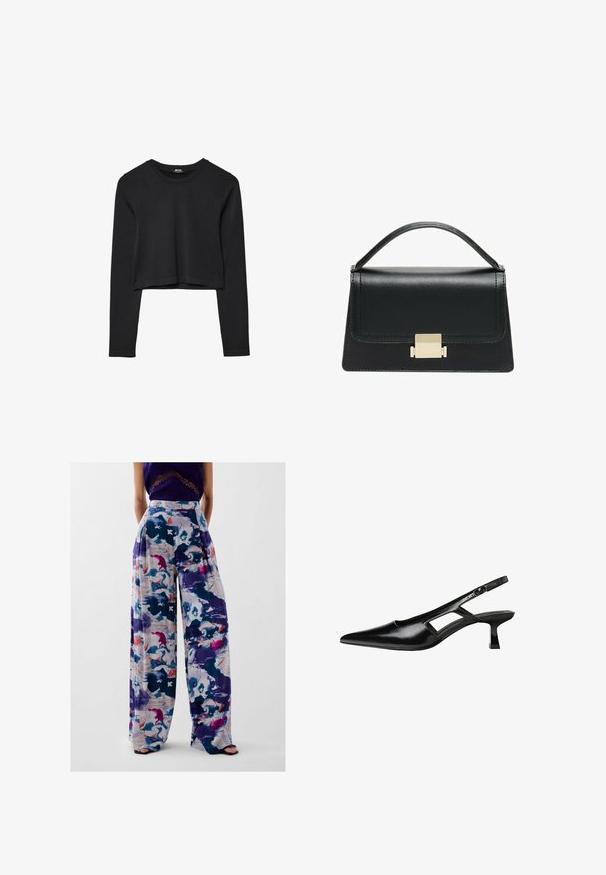 Haut court à manches longues noir avec encolure ronde, design uni et ourlet légèrement arrondi.; Pantalons larges avec un imprimé abstrait coloré dans des tons de violet, bleu, rose et blanc, avec une taille haute et un design plissé.; Escarpins slingback en cuir verni noir avec un bout pointu, un design découpé sur les côtés et un petit talon carré. Texture lisse avec des accents minimaux.; Sac à main en cuir noir au design structuré, avec une poignée supérieure et un détail de fermoir en métal doré à l'avant. Texture lisse, couture minimale.